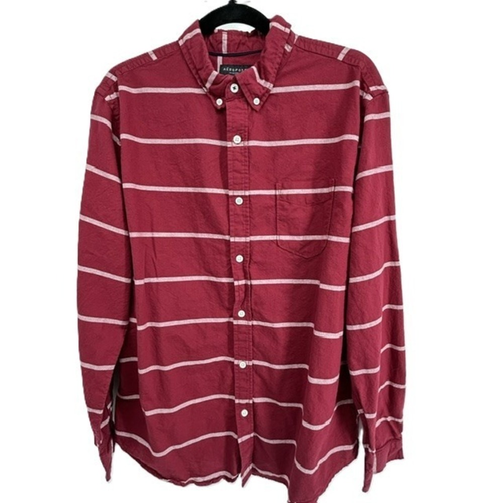 Aeropostale Mens Large Burgundy Red White Striped Long Sleeve Button Down Shirt